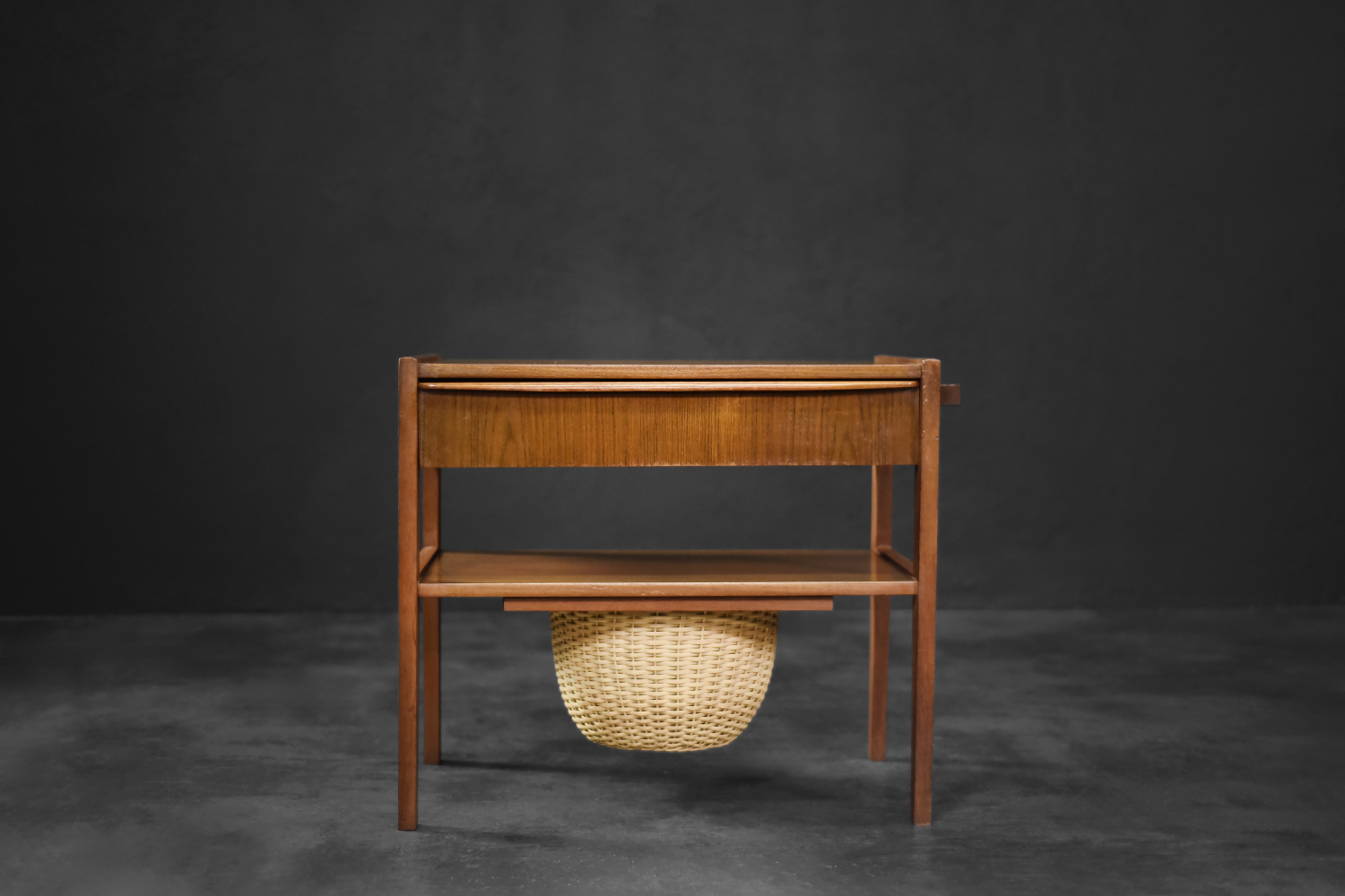 Vintage Mid-Century Danish Modern Teak Thread Side Table with Wicker Basket, 1960s