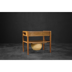Vintage Mid-Century Danish Modern Teak Thread Side Table with Wicker Basket, 1960s