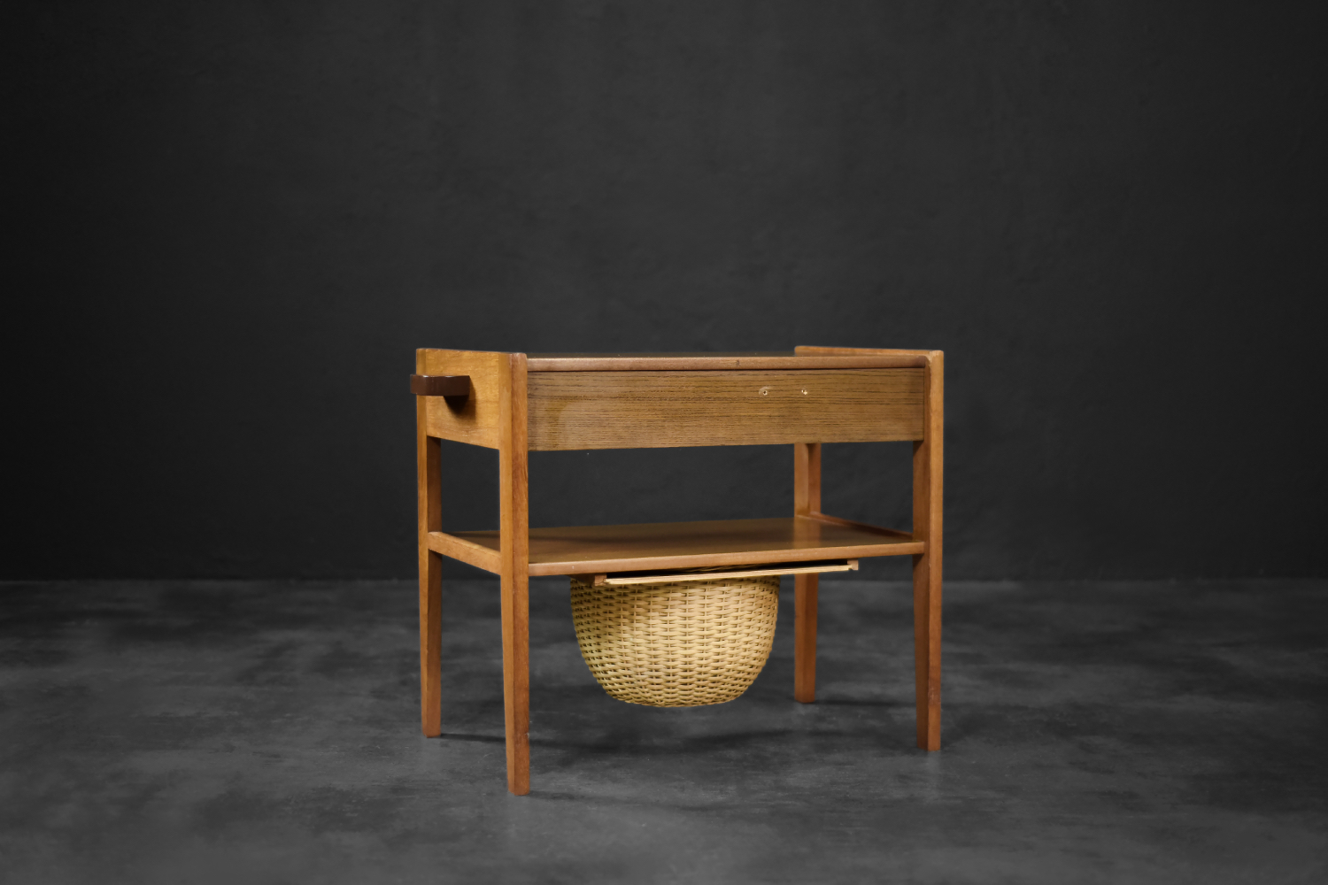 Vintage Mid-Century Danish Modern Teak Thread Side Table with Wicker Basket, 1960s
