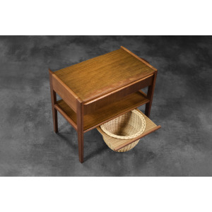 Vintage Mid-Century Danish Modern Teak Thread Side Table with Wicker Basket, 1960s