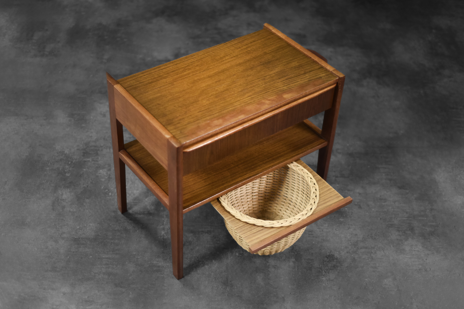 Vintage Mid-Century Danish Modern Teak Thread Side Table with Wicker Basket, 1960s