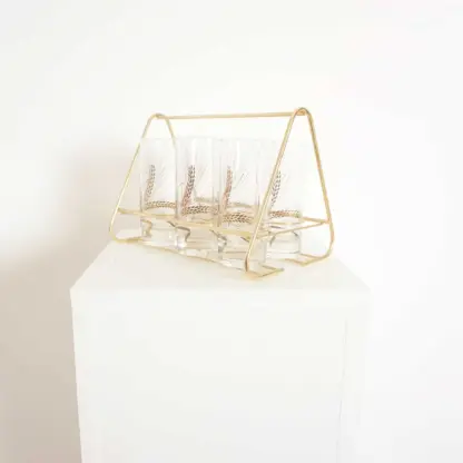 Art Deco Set of six Glasses with brass holder, 1960