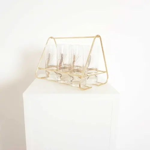 Art Deco Set of six Glasses with brass holder, 1960