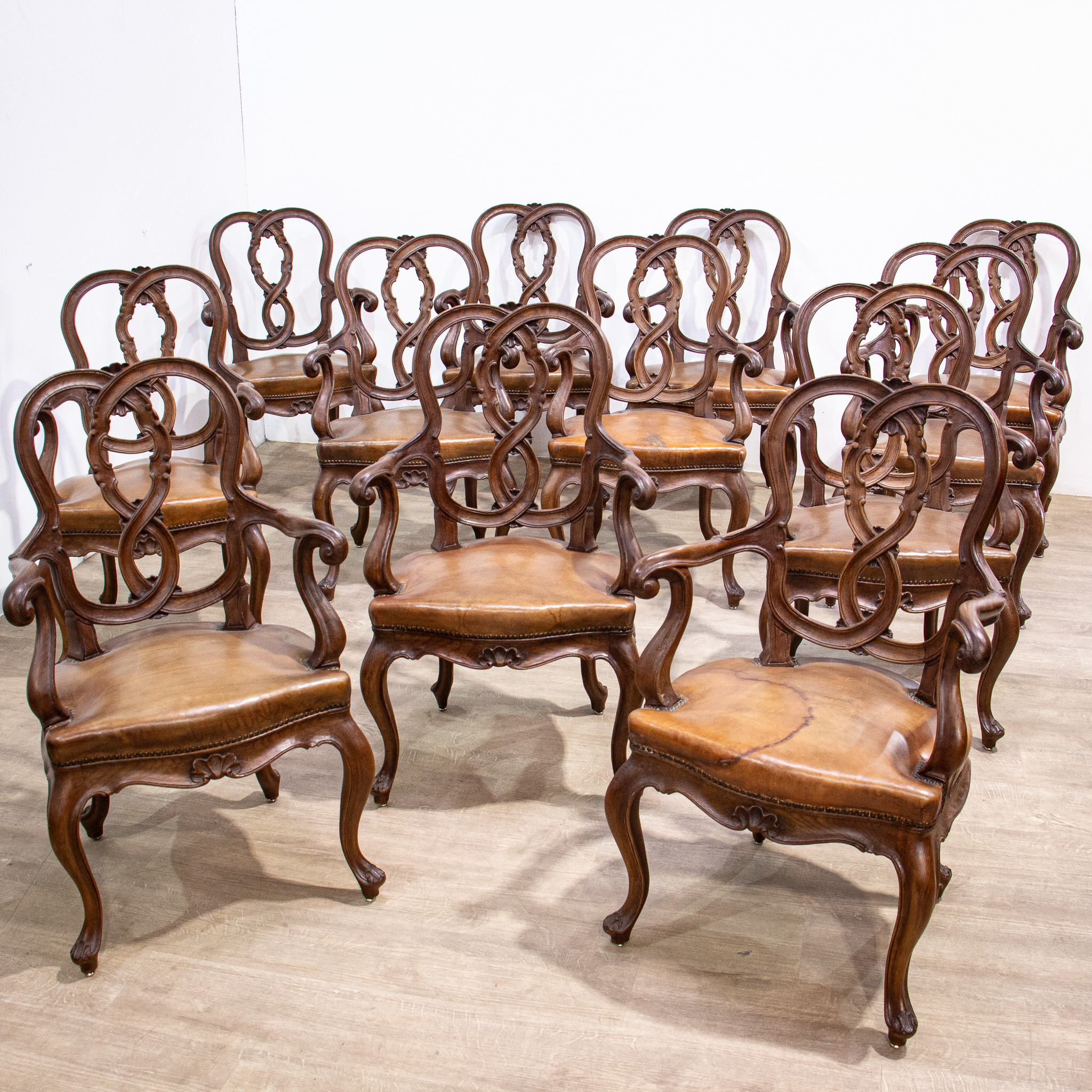 Set of 12 19th Century Leather Dining Arm Chairs