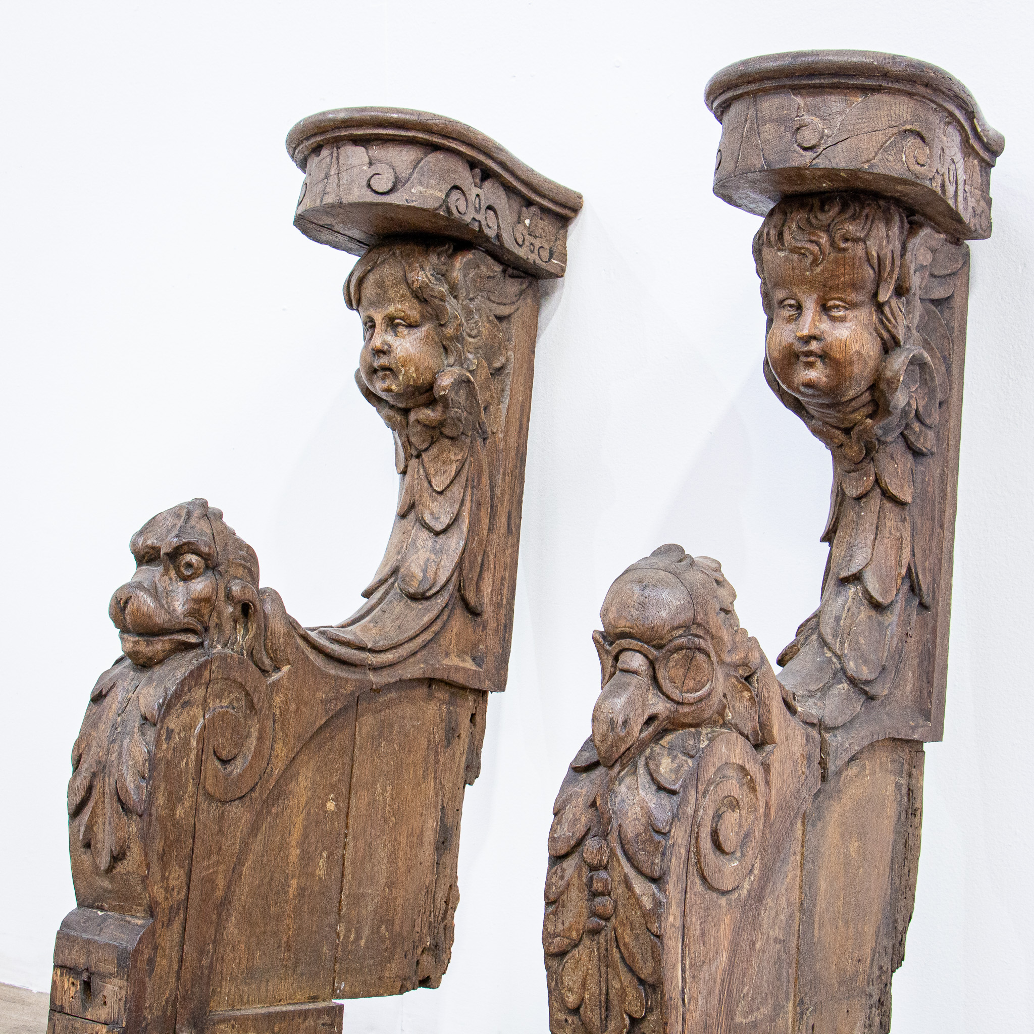 17th Century Carved Oak Bench Ends