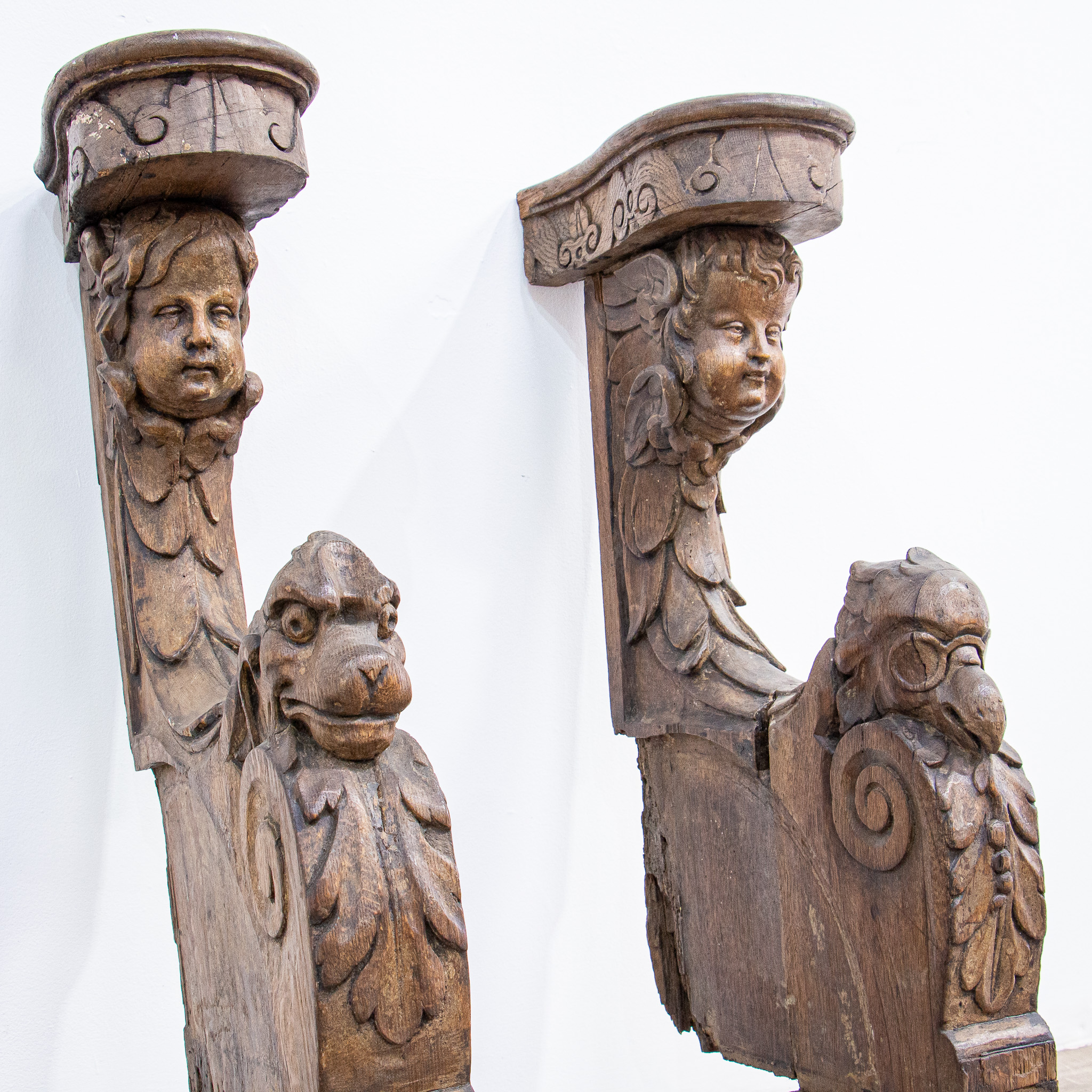 17th Century Carved Oak Bench Ends