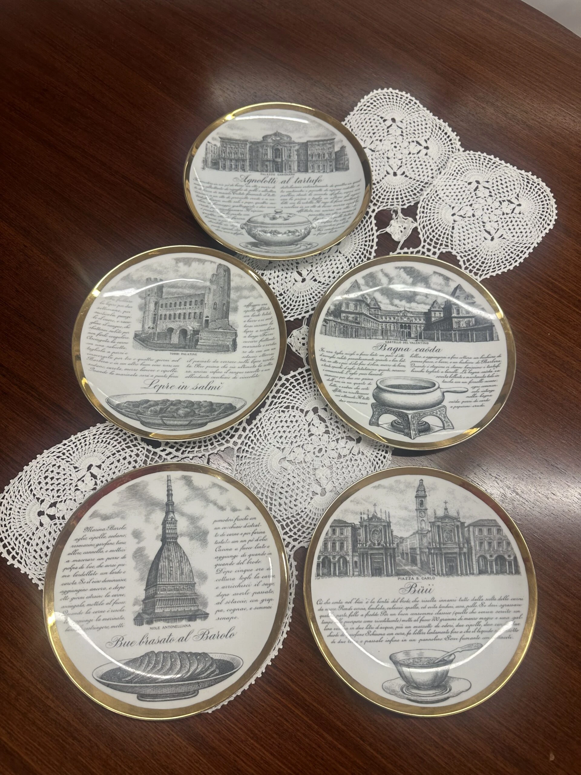 Set of Five Decorative Plates by Fornasetti 'Le ricette Torinesi'