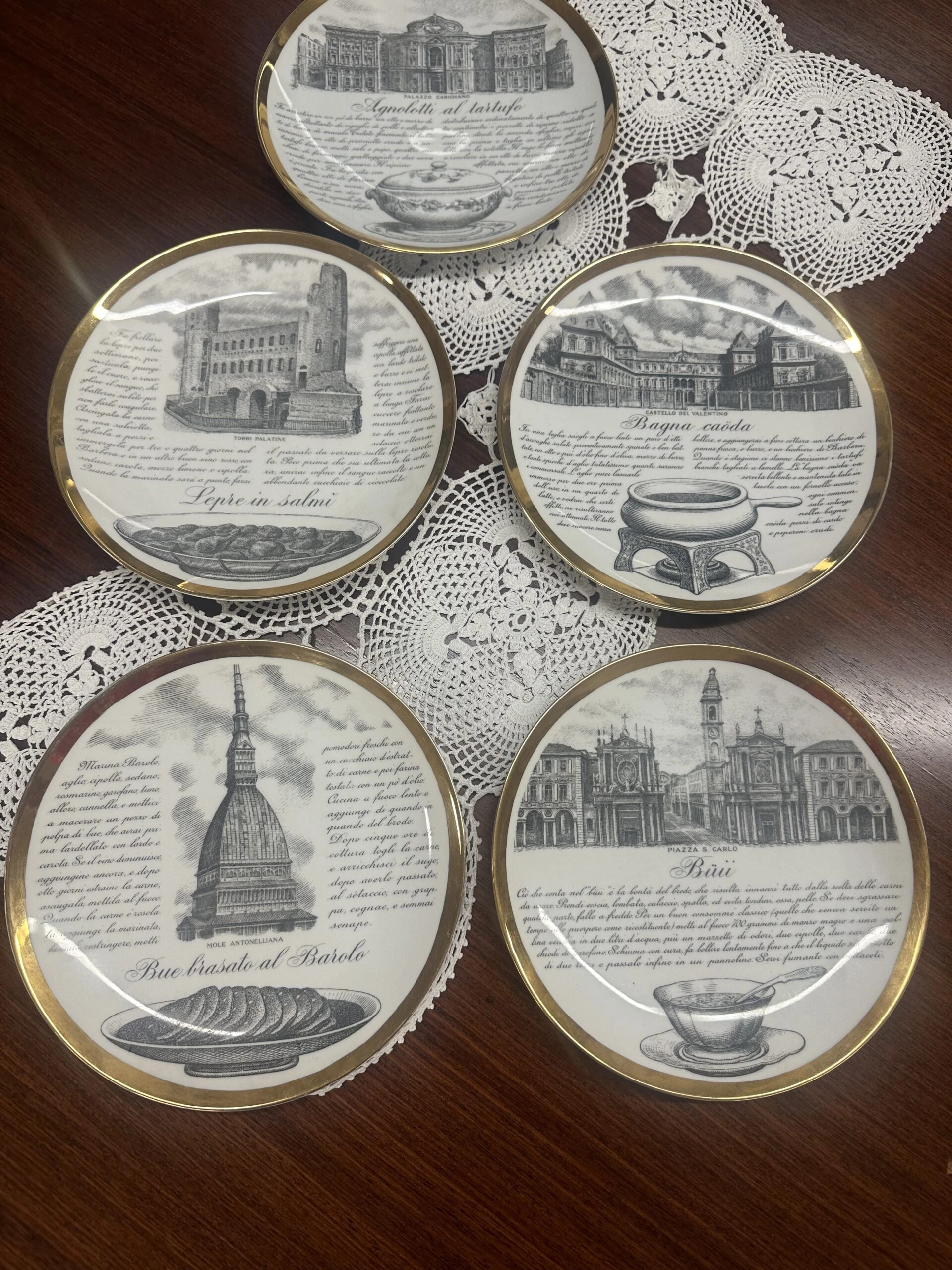 Set of Five Decorative Plates by Fornasetti 'Le ricette Torinesi'