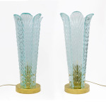 Mid-Century Modern Brass and Murano Glass Leaf Palm Table Lamps