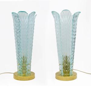 Mid-Century Modern Brass and Murano Glass Leaf Palm Table Lamps