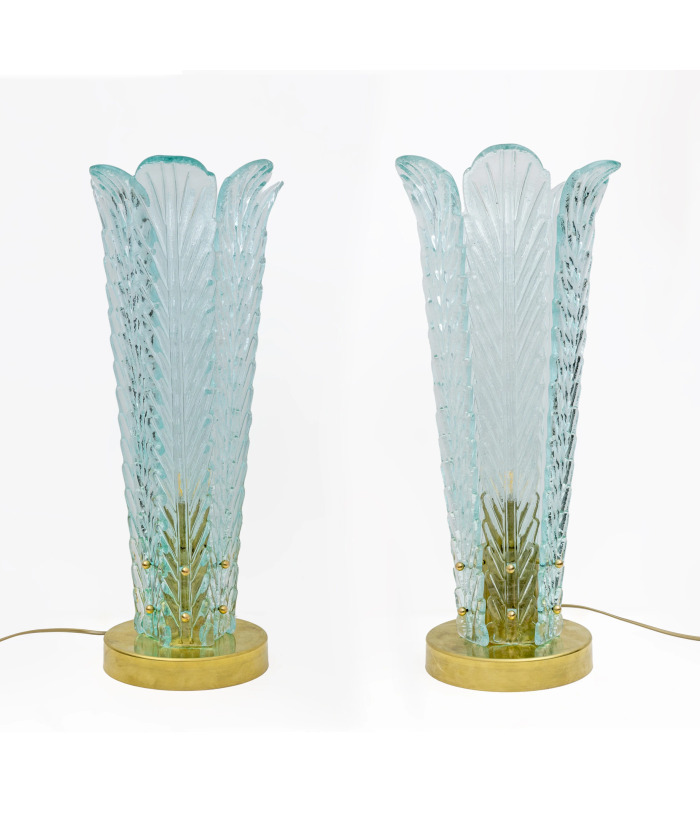 Mid-Century Modern Brass and Murano Glass Leaf Palm Table Lamps