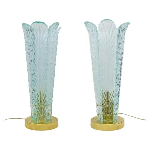 Mid-Century Modern Brass and Murano Glass Leaf Palm Table Lamps
