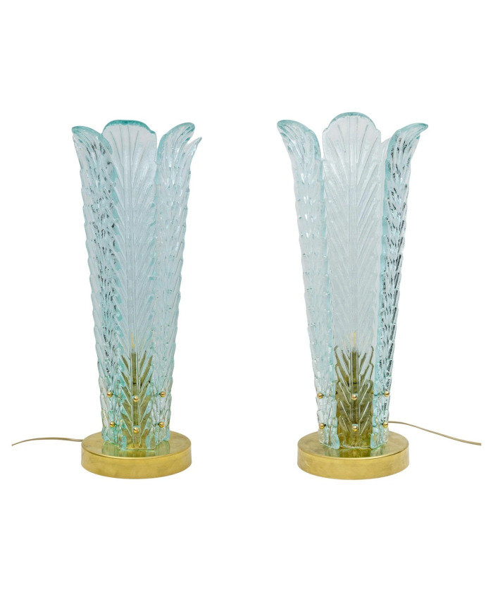 Mid-Century Modern Brass and Murano Glass Leaf Palm Table Lamps