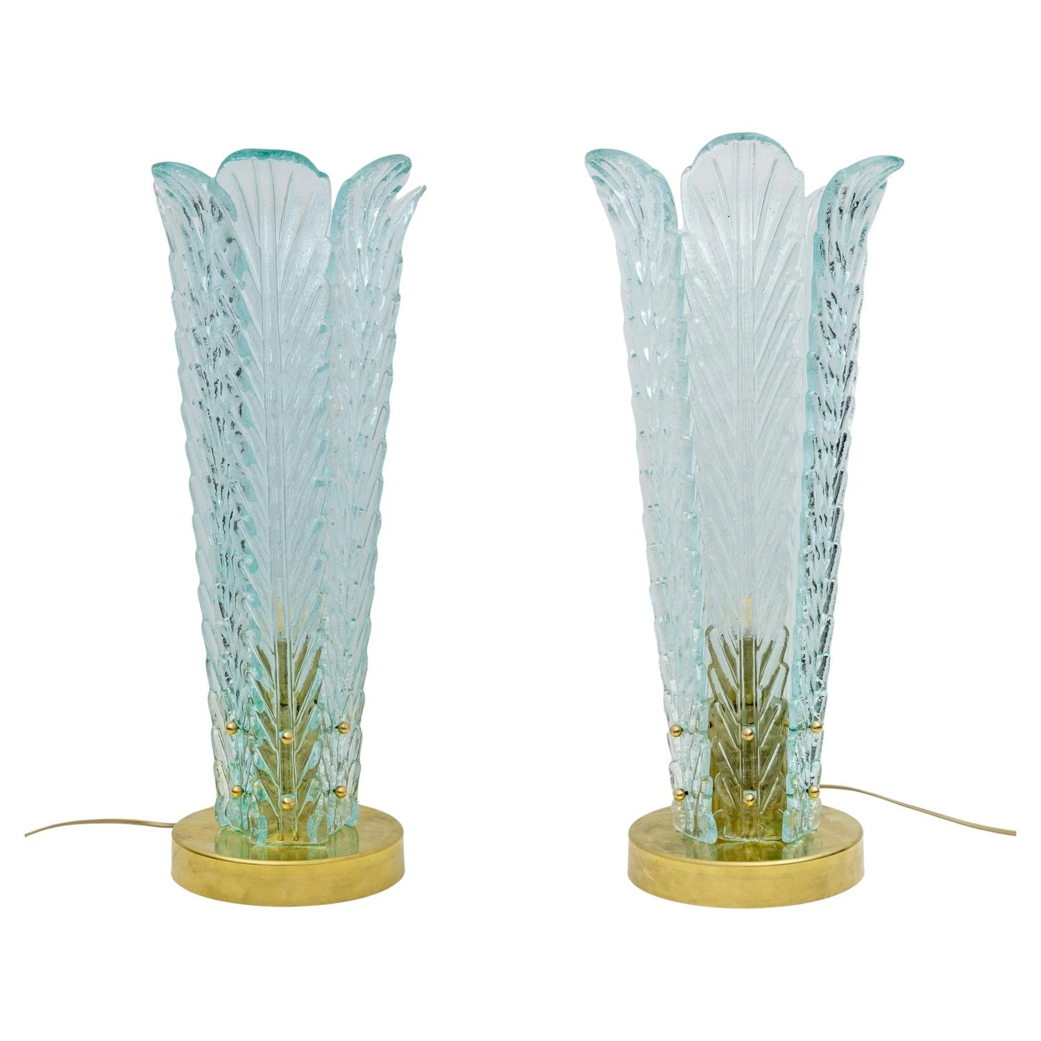 Mid-Century Modern Brass and Murano Glass Leaf Palm Table Lamps