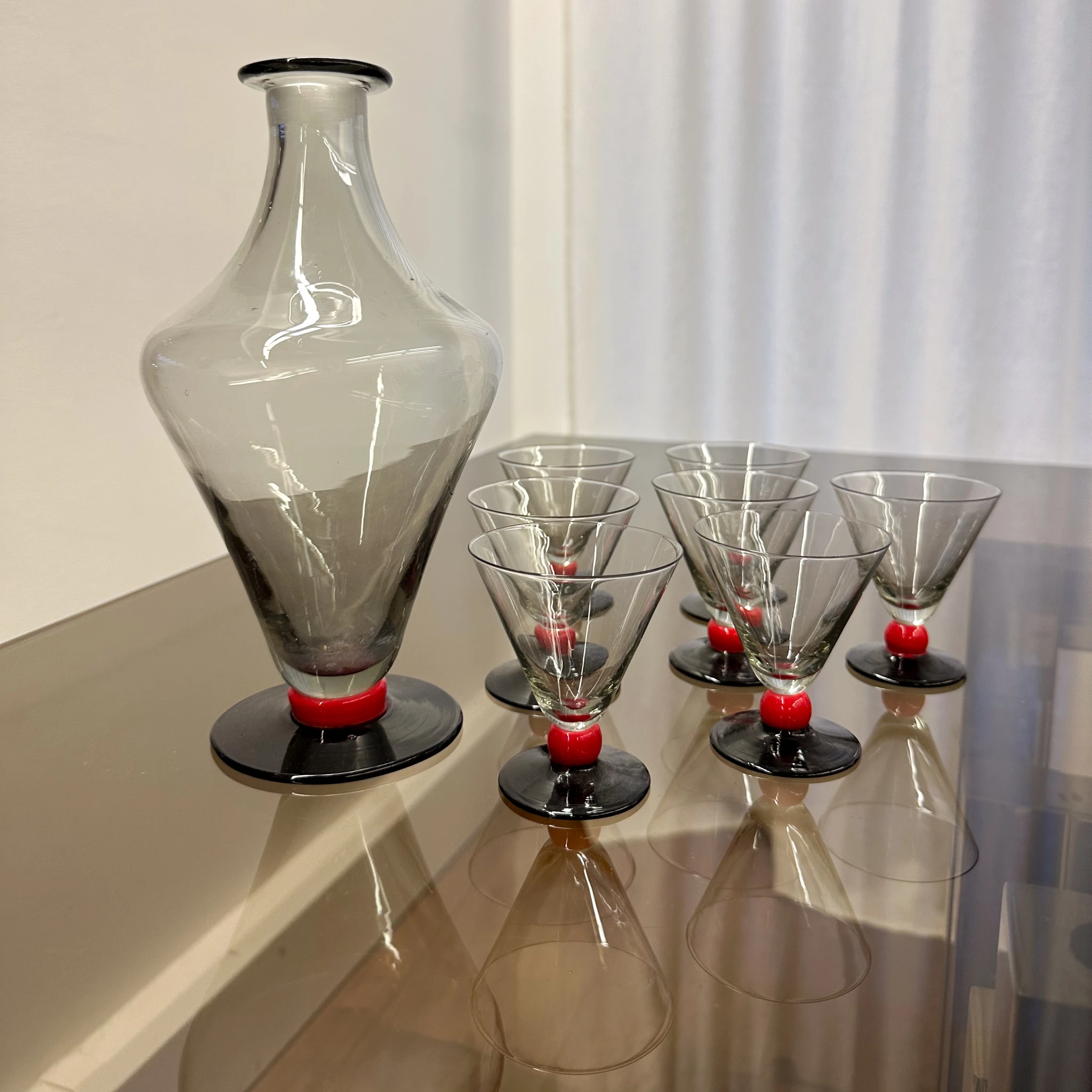 Set of black glasses with sweet wine carafe, 1970