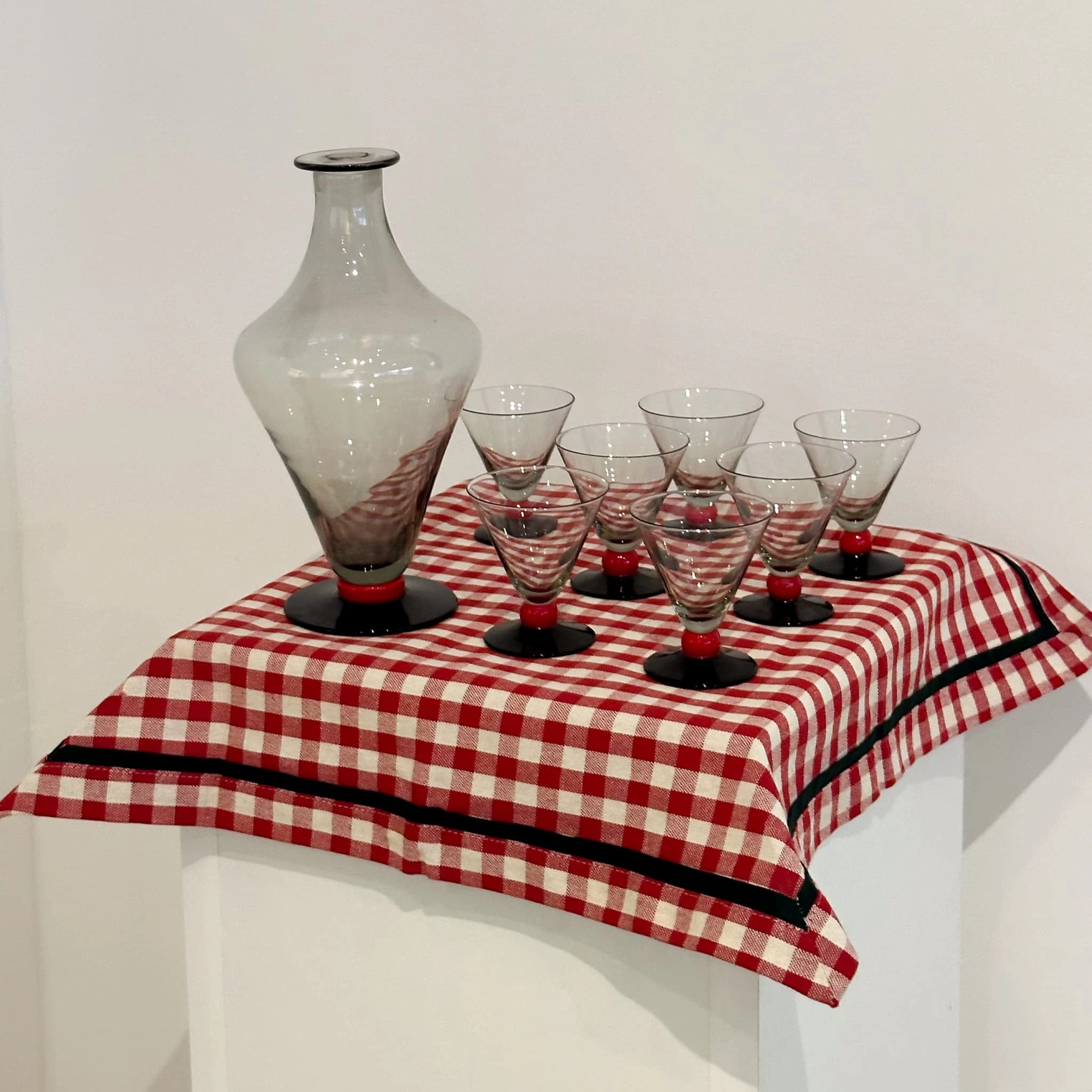 Set of black glasses with sweet wine carafe, 1970