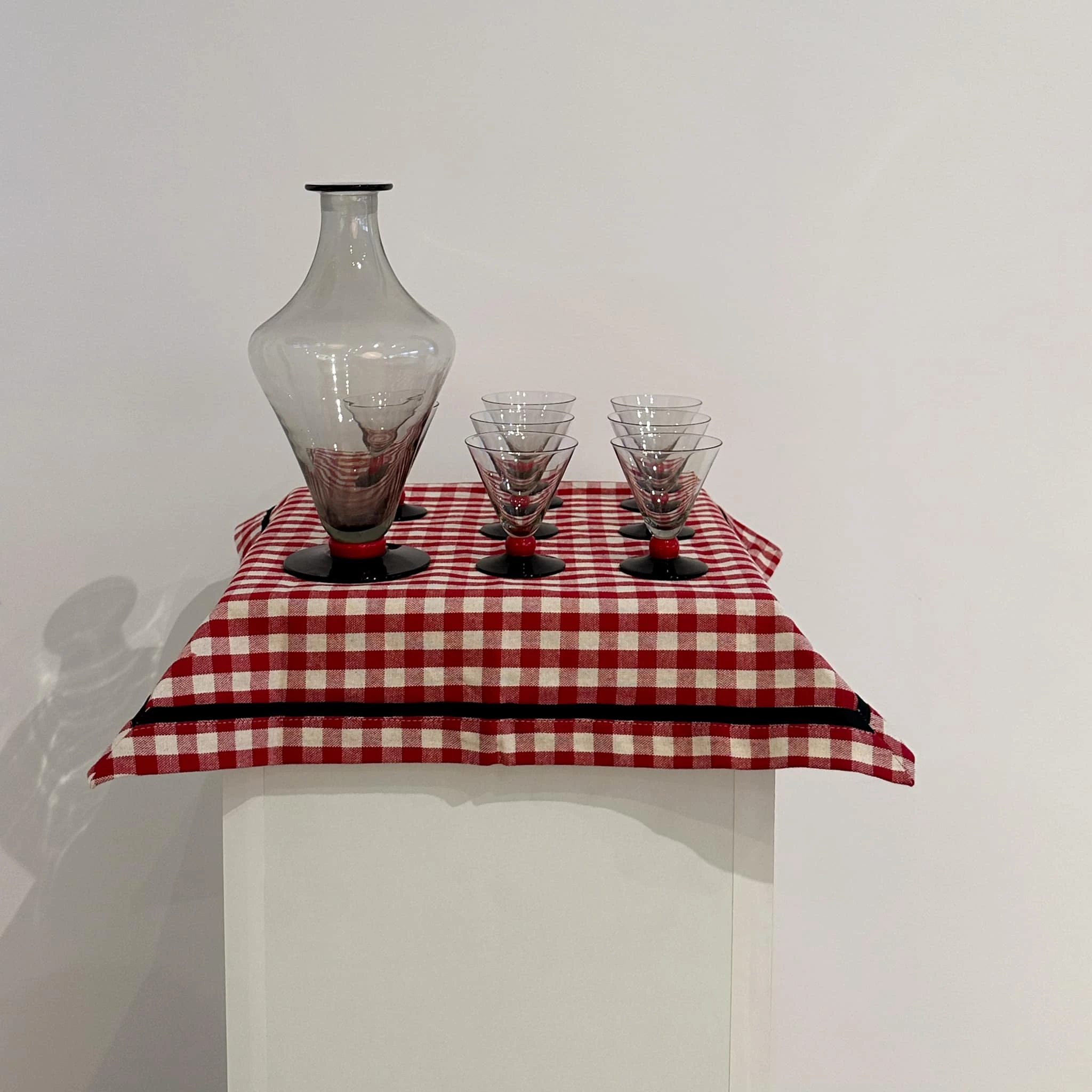 Set of black glasses with sweet wine carafe, 1970