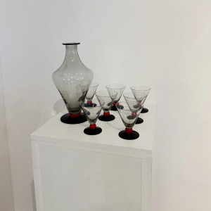 Set of black glasses with sweet wine carafe, 1970