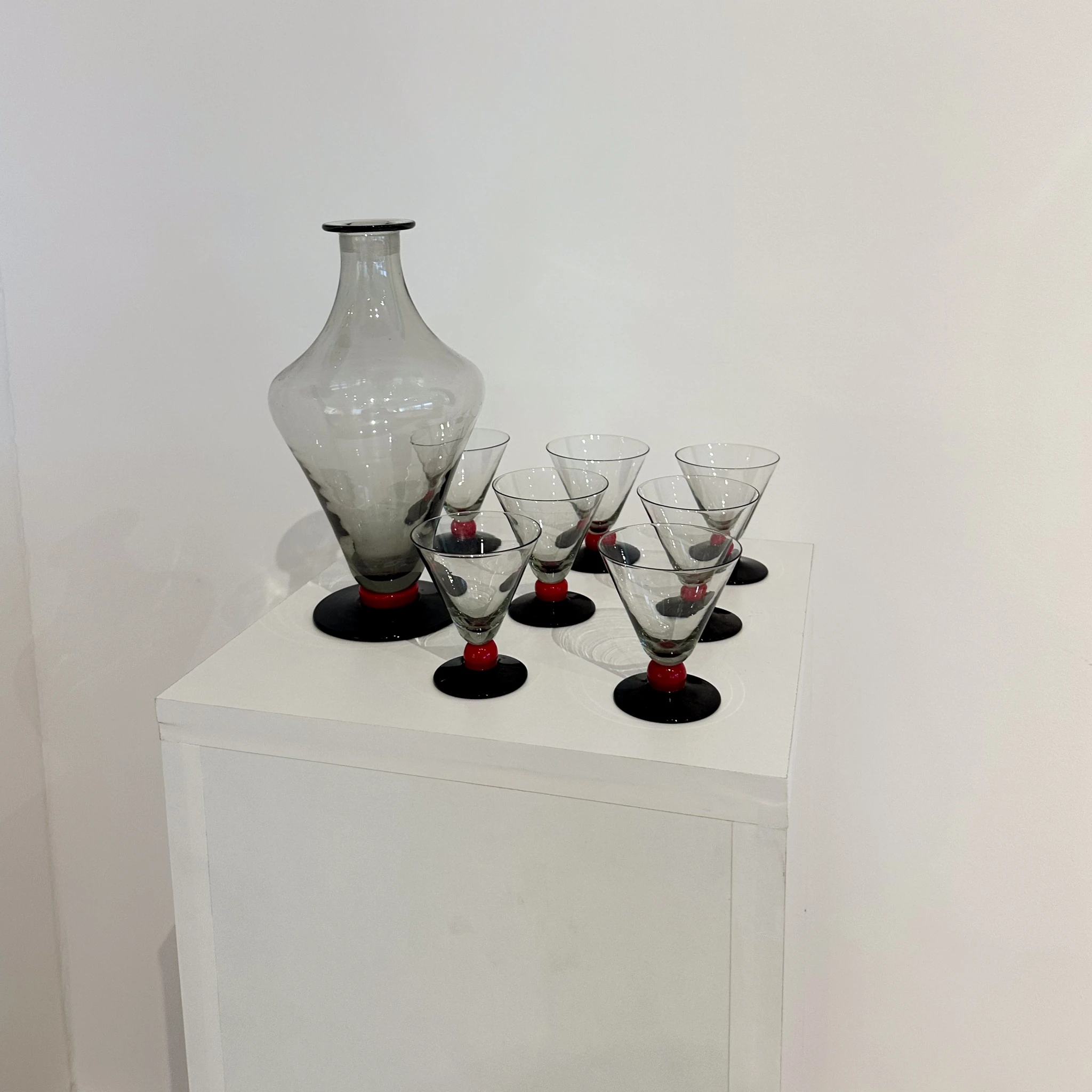 Set of black glasses with sweet wine carafe, 1970