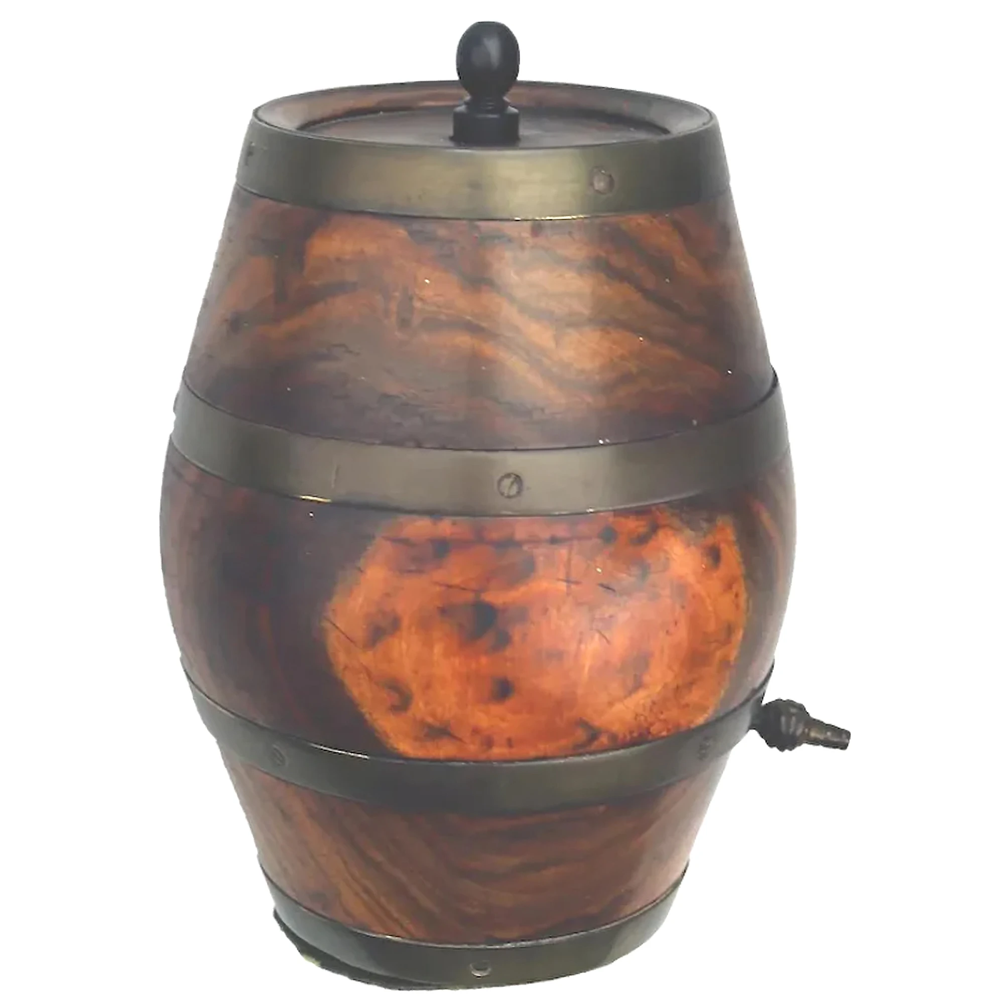 An antique Treen novelty String Box coopered barrel formed with reel C.19thC
