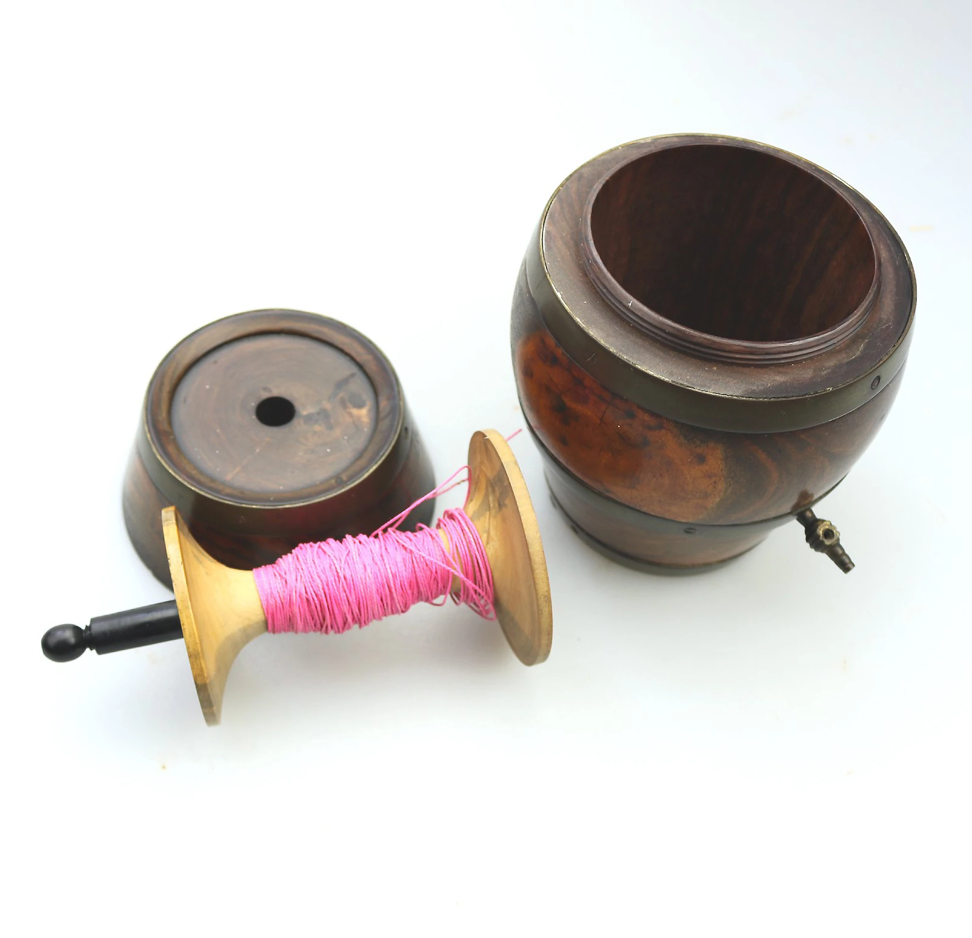 An antique Treen novelty String Box coopered barrel formed with reel C.19thC