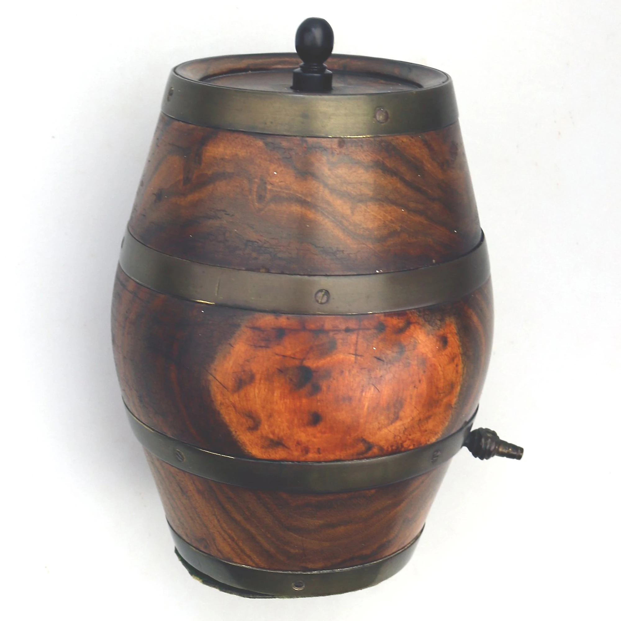 An antique Treen novelty String Box coopered barrel formed with reel C.19thC