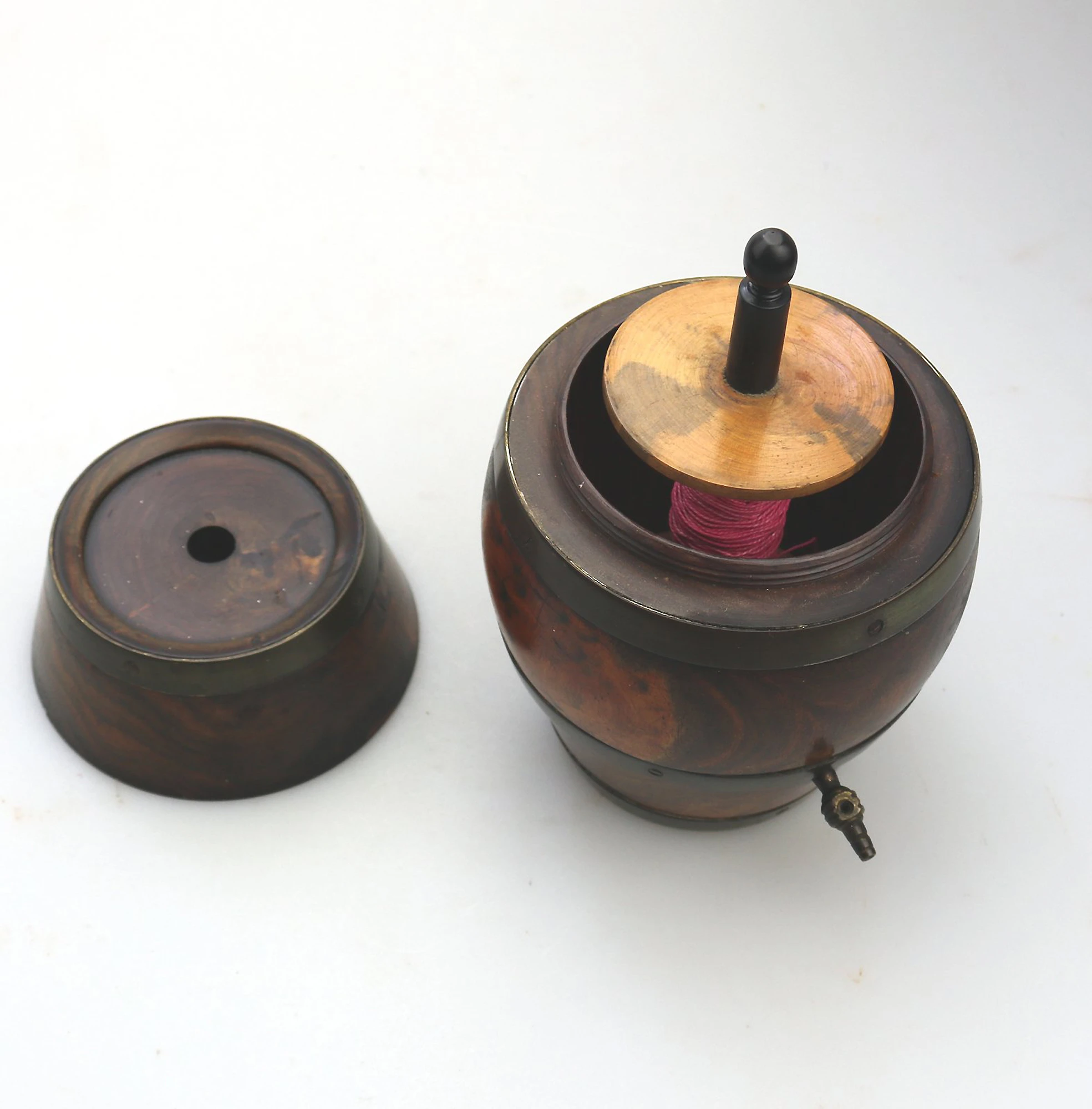 An antique Treen novelty String Box coopered barrel formed with reel C.19thC