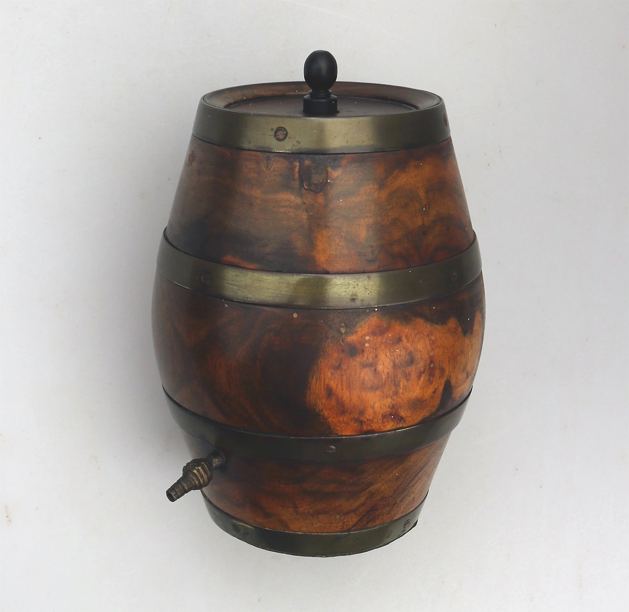 An antique Treen novelty String Box coopered barrel formed with reel C.19thC