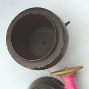 An antique Treen novelty String Box coopered barrel formed with reel C.19thC