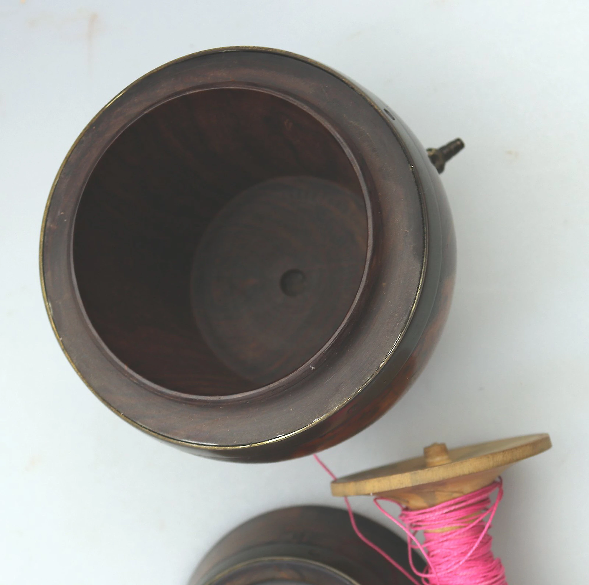 An antique Treen novelty String Box coopered barrel formed with reel C.19thC