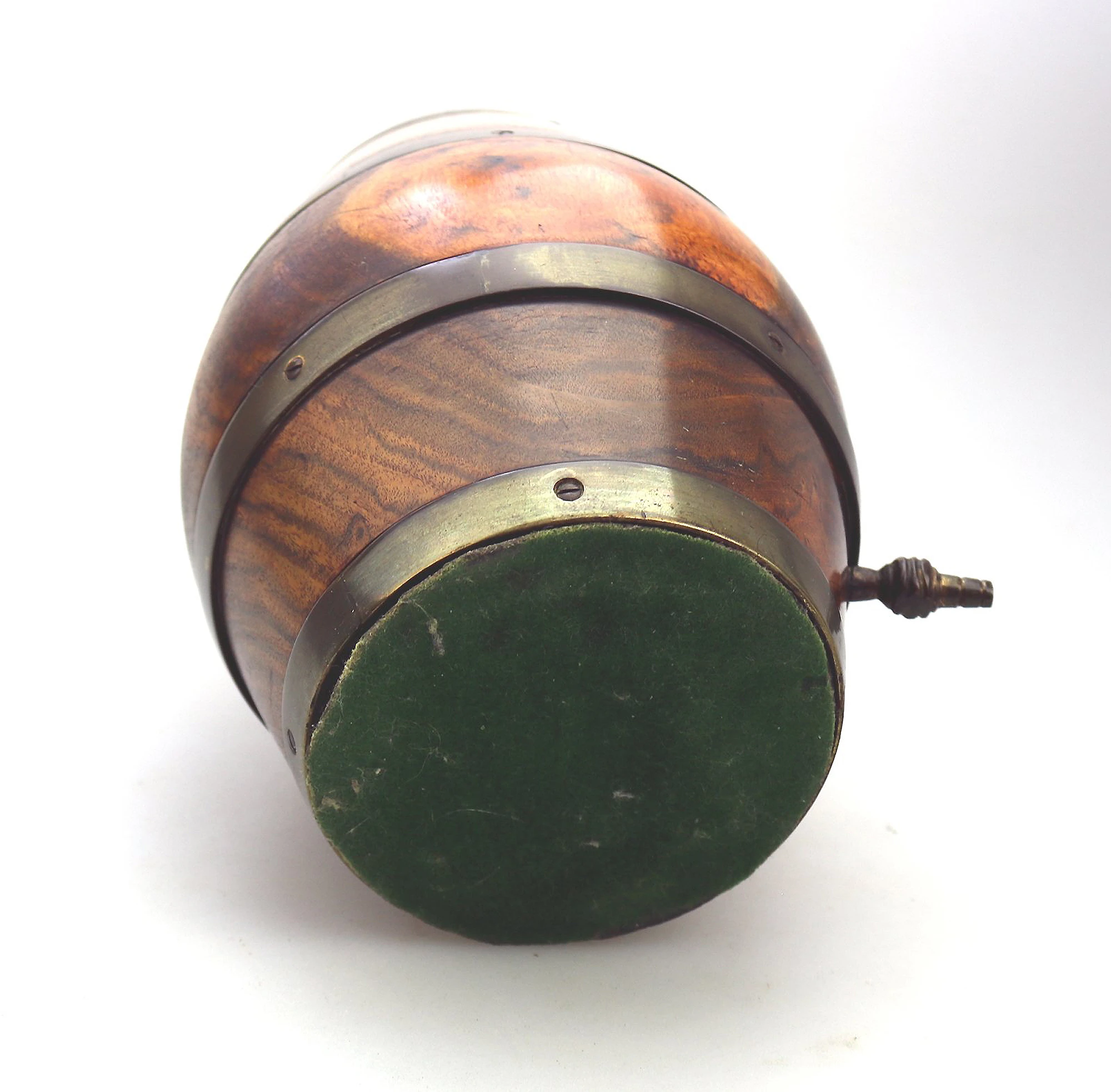 An antique Treen novelty String Box coopered barrel formed with reel C.19thC