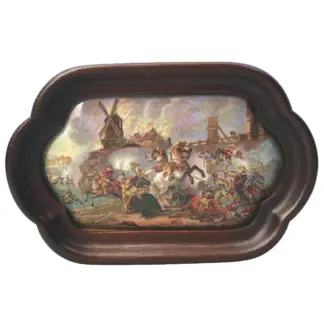 An antique English framed pottery Prattware Pot Lid titled WAR C C.19thC