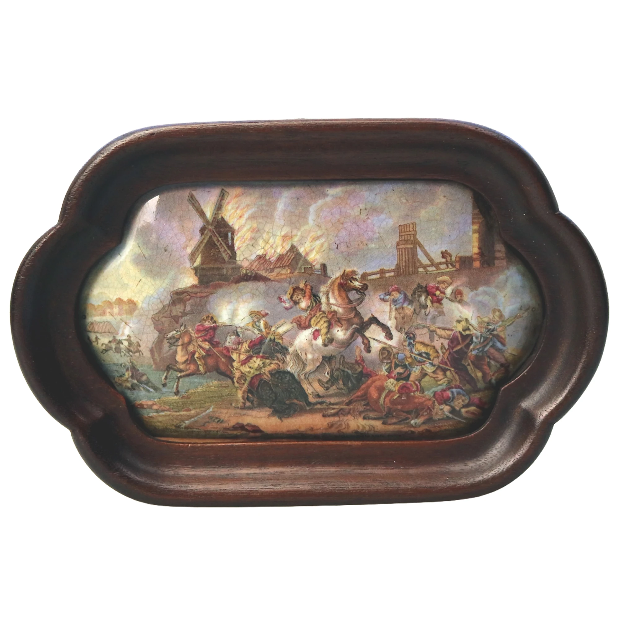 An antique English framed pottery Prattware Pot Lid titled WAR C C.19thC