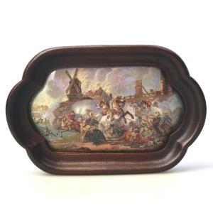 An antique English framed pottery Prattware Pot Lid titled WAR C C.19thC