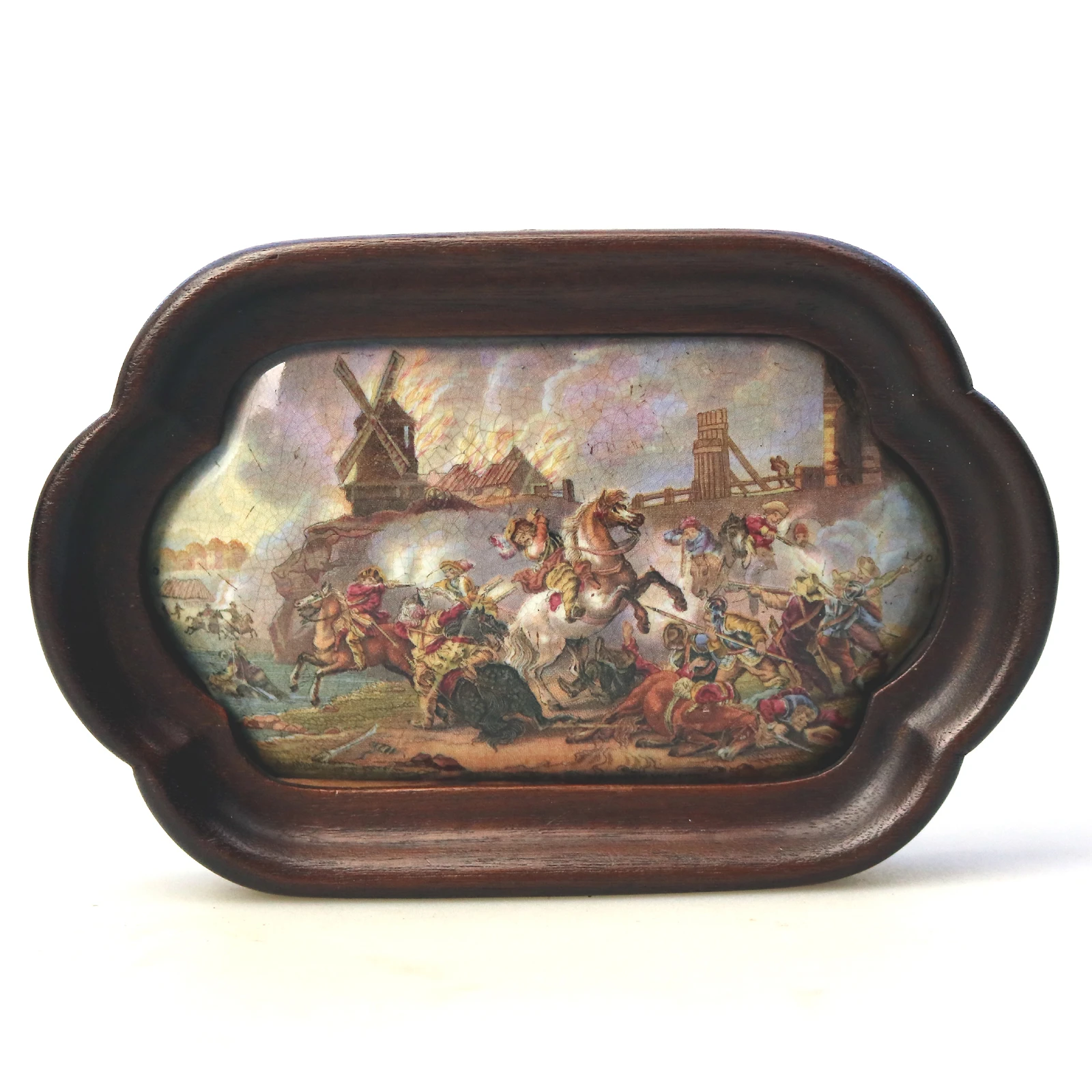 An antique English framed pottery Prattware Pot Lid titled WAR C C.19thC