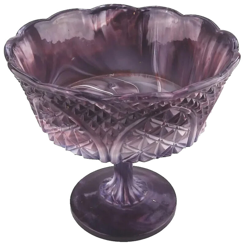 A large antique pressed glass purple amethyst malachite pedestal Bowl C.19thC