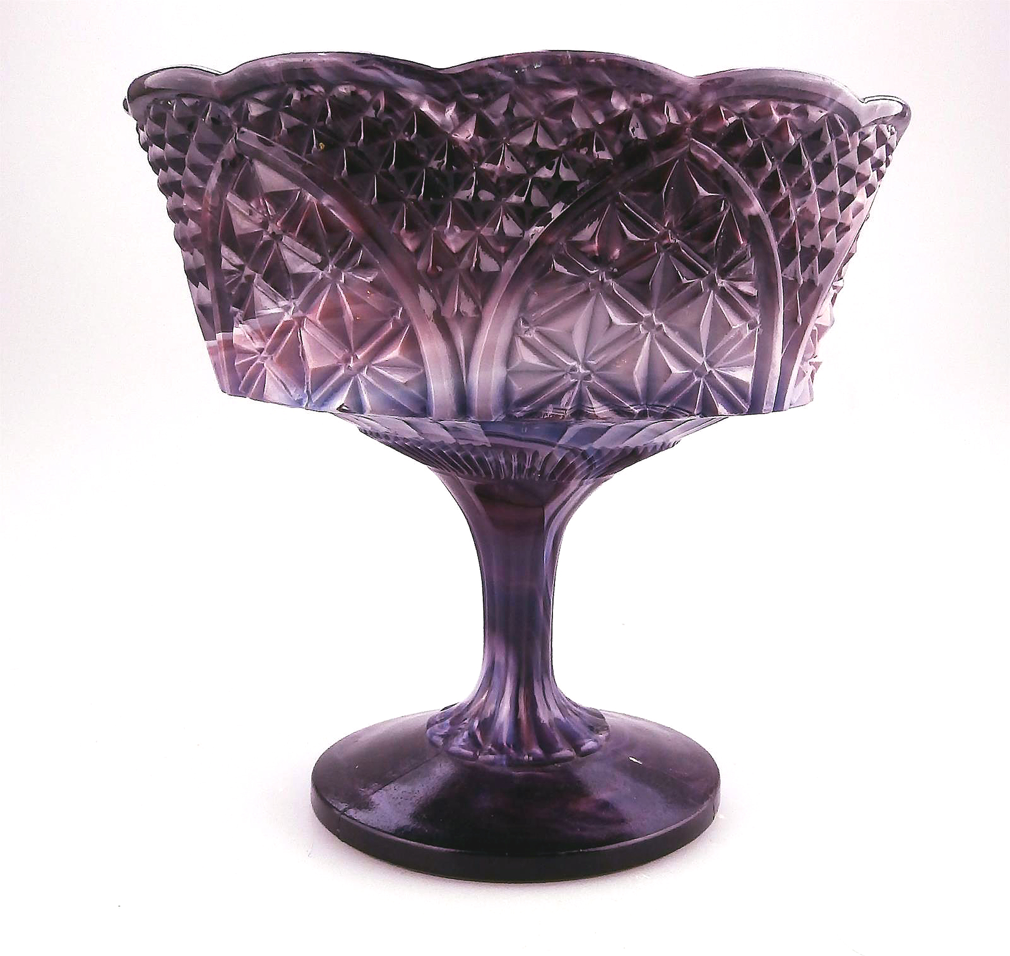 A large antique pressed glass purple amethyst malachite pedestal Bowl C.19thC