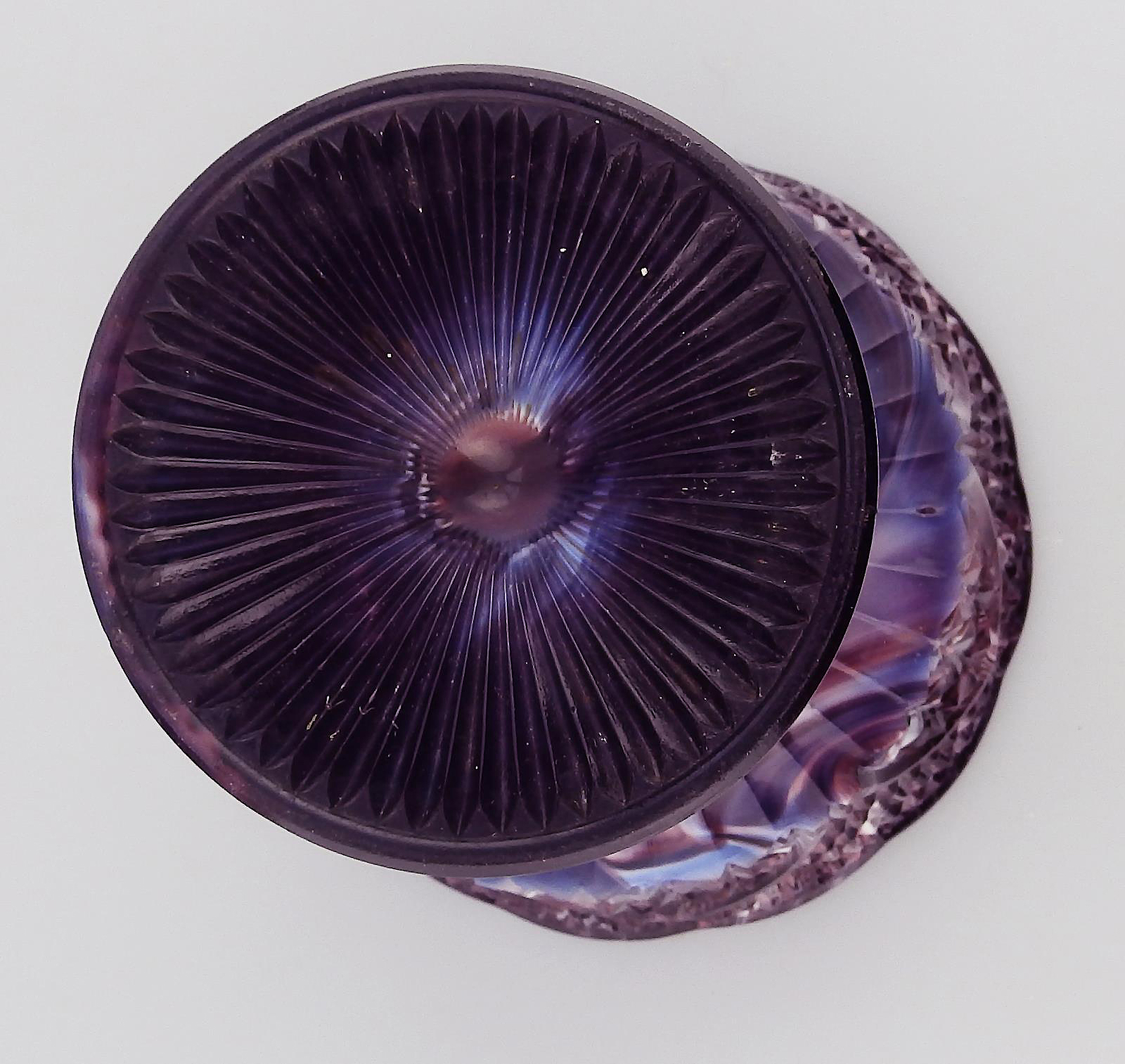 A large antique pressed glass purple amethyst malachite pedestal Bowl C.19thC