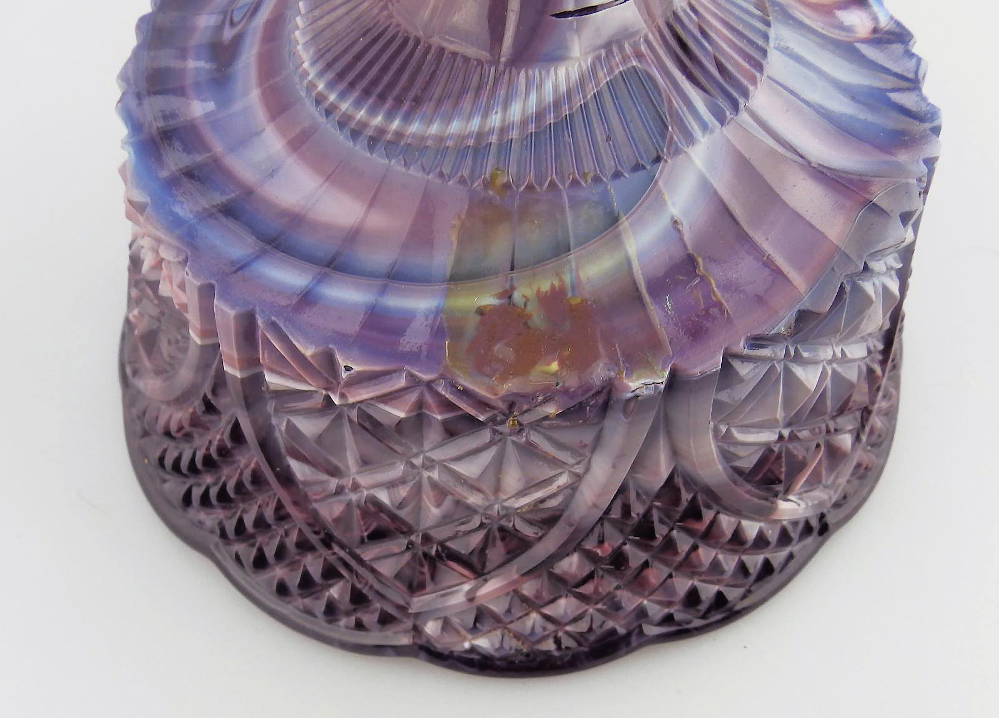 A large antique pressed glass purple amethyst malachite pedestal Bowl C.19thC