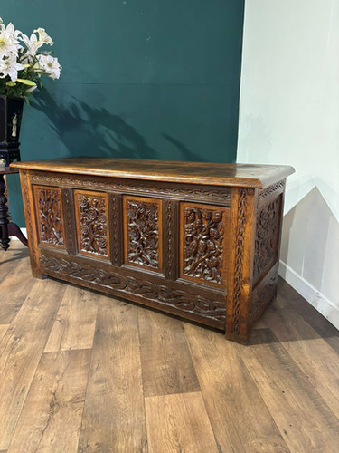 Antique Oak Coffer With Quadruple Panel Front