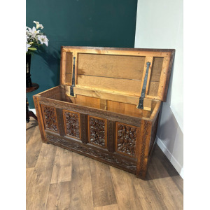 Antique Oak Coffer With Quadruple Panel Front