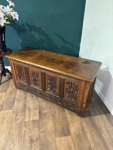 Antique Oak Coffer With Quadruple Panel Front