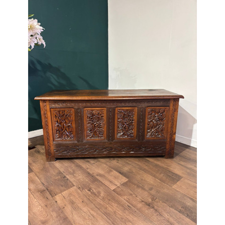Antique Oak Coffer With Quadruple Panel Front