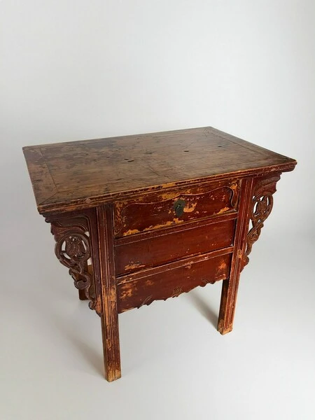 Antique Qing Dynasty 19th Century Chinese Red Lacquered Altar Table Sideboard