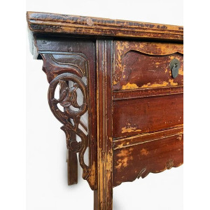 Antique Qing Dynasty 19th Century Chinese Red Lacquered Altar Table Sideboard