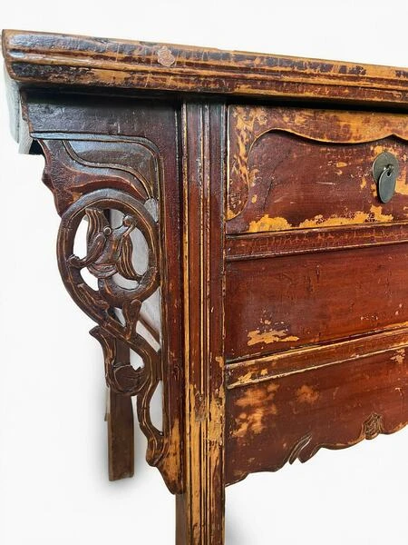 Antique Qing Dynasty 19th Century Chinese Red Lacquered Altar Table Sideboard