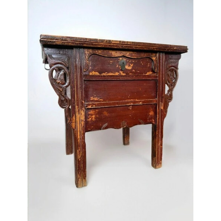 Antique Qing Dynasty 19th Century Chinese Red Lacquered Altar Table Sideboard