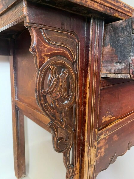 Antique Qing Dynasty 19th Century Chinese Red Lacquered Altar Table Sideboard