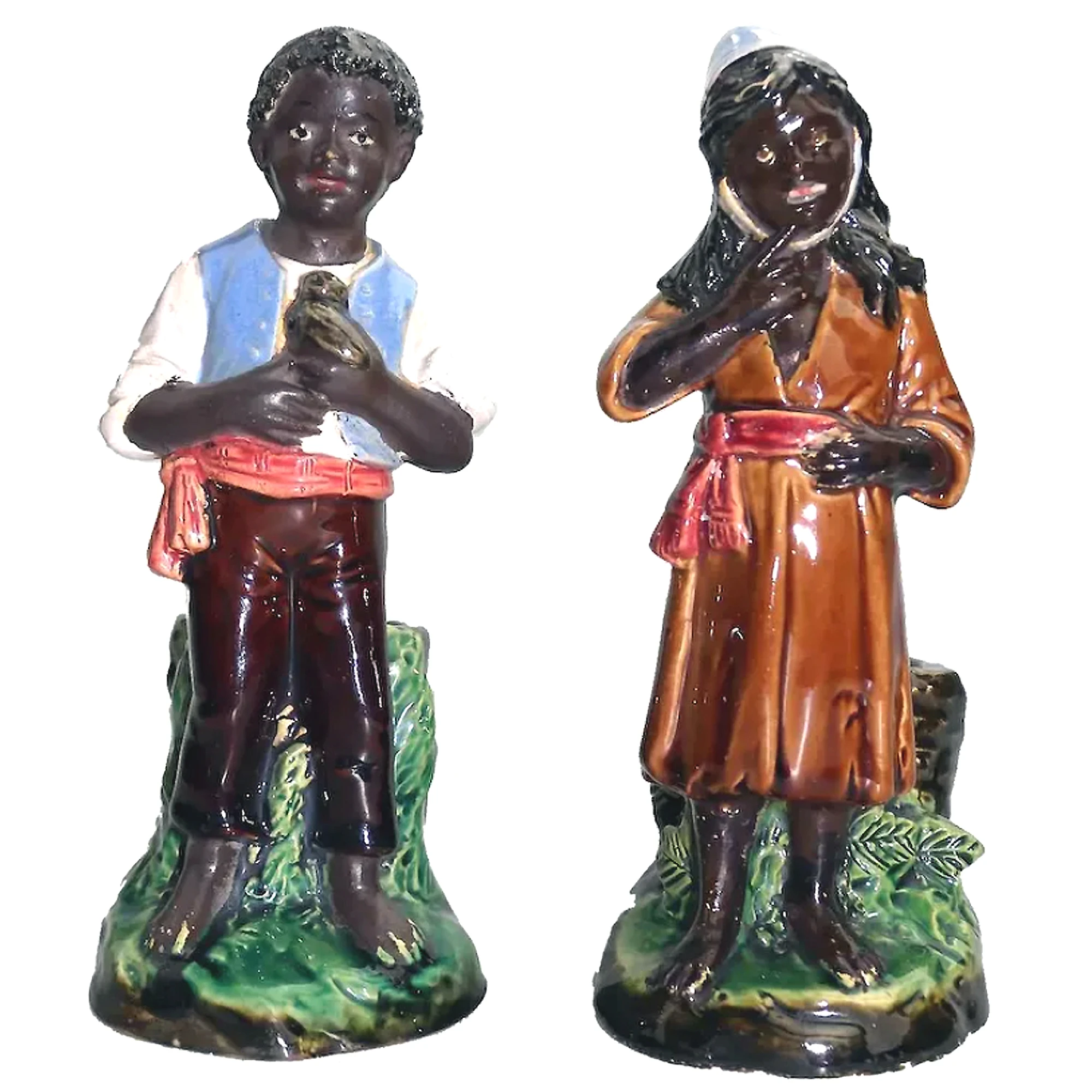 A pair antique majolica Bernhard Bloch pottery Children Figural Strikers C.19thC
