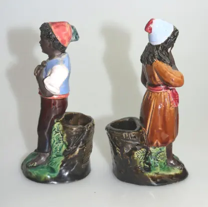 A pair antique majolica Bernhard Bloch pottery Children Figural Strikers C.19thC - Image 4
